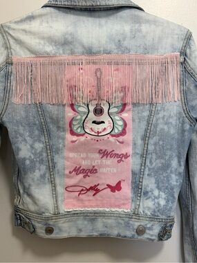 Patchwork, Western Jean Jacket with Pink Fringe & Appliqué